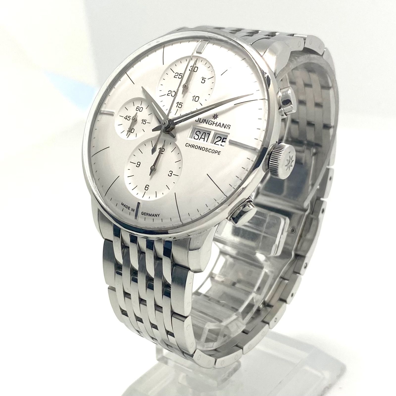 腕時計 メンズ ユンハンス マイスター クロノスコープ 027 4121 45 自動巻 シルバー デイデイト クロノグラフ 裏スケ