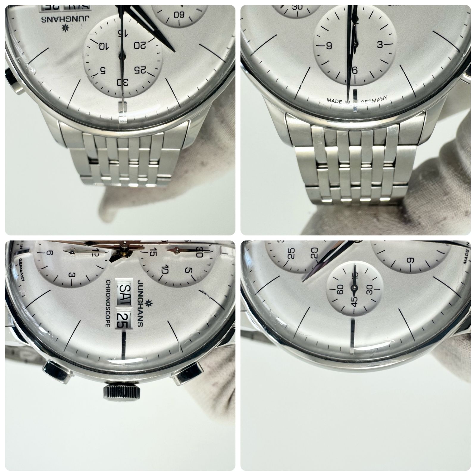  腕時計 メンズ ユンハンス マイスター クロノスコープ 027 4121 45 自動巻 シルバー デイデイト クロノグラフ 裏スケ 自動巻き時計 腕時計(アナログ)