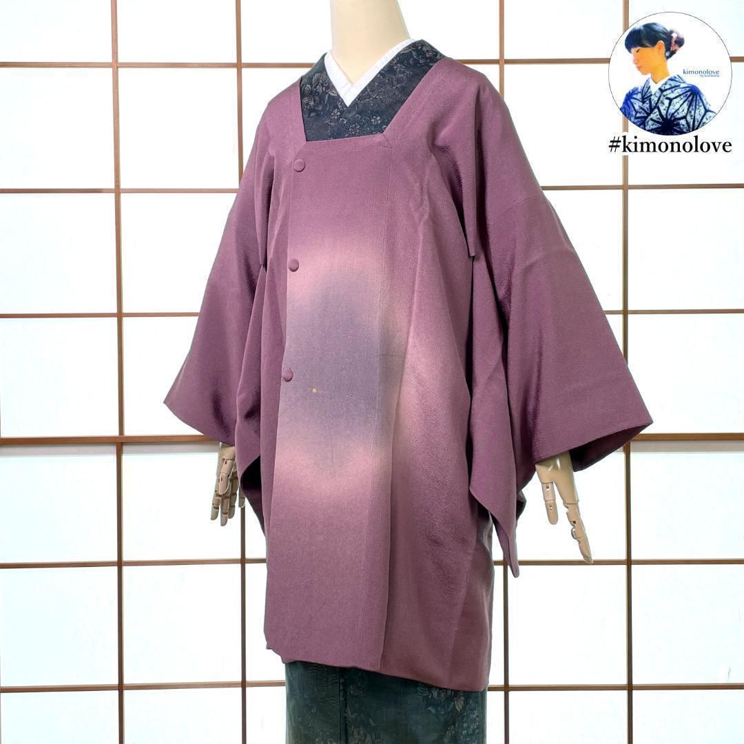 和装コート ロング丈 道行 絵羽柄 正絹 ちりめん 金彩 楓柄 渋い紫 手縫い 着物 kimonolove リユース品 オゾン消臭サービス A 2033