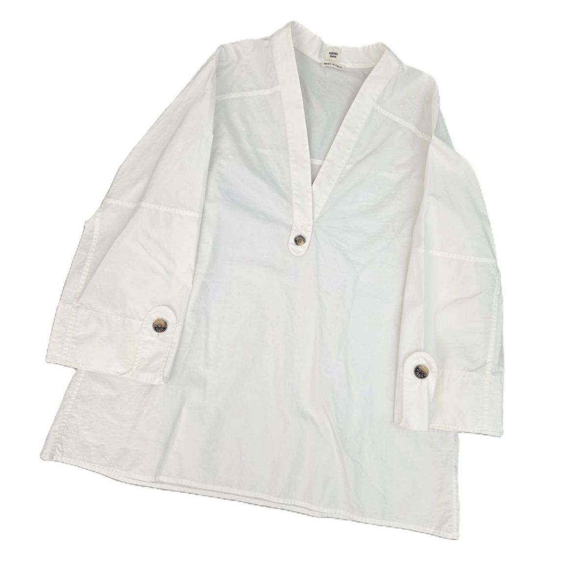 HERMES レディース　長袖オーバーシャツ HERMES エルメス Vネックプルオーバー セリアボタン コットンシャツ