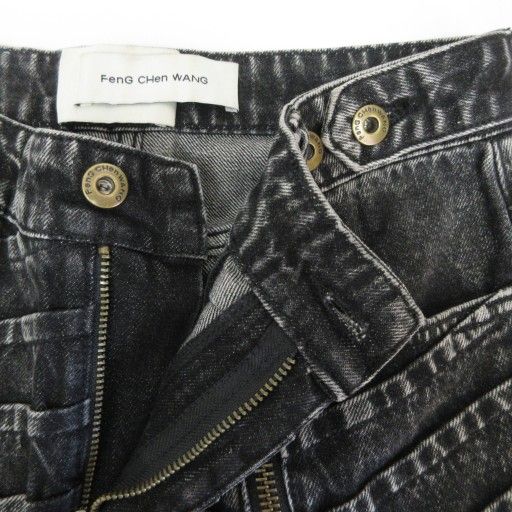 【中古】フェン・チェン・ワン プリーツデニムパンツ トラウザー ジーンズ ヴィンテージ加工 ファスナー デザイン S フェン・チェン・ワン FENG CHEN WANG プリーツデニムパンツ