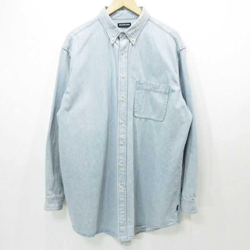 三重本店 BALENCIAGA バレンシアガ バックロゴプリント長袖デニムシャツ UP57 2018 01314 ライトブルー サイズ 41 108