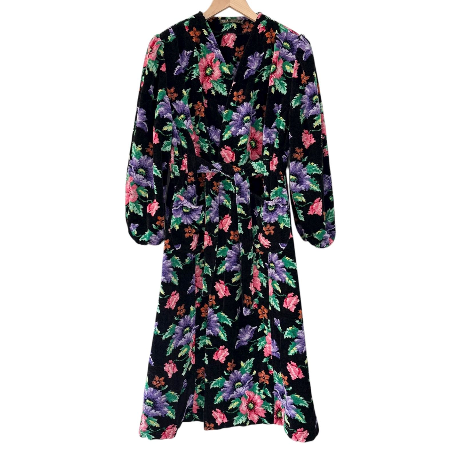 Z1586 FEILER フェイラー 花柄ガウンコート バスローブ ルームウェア ブラック 黒 レディース