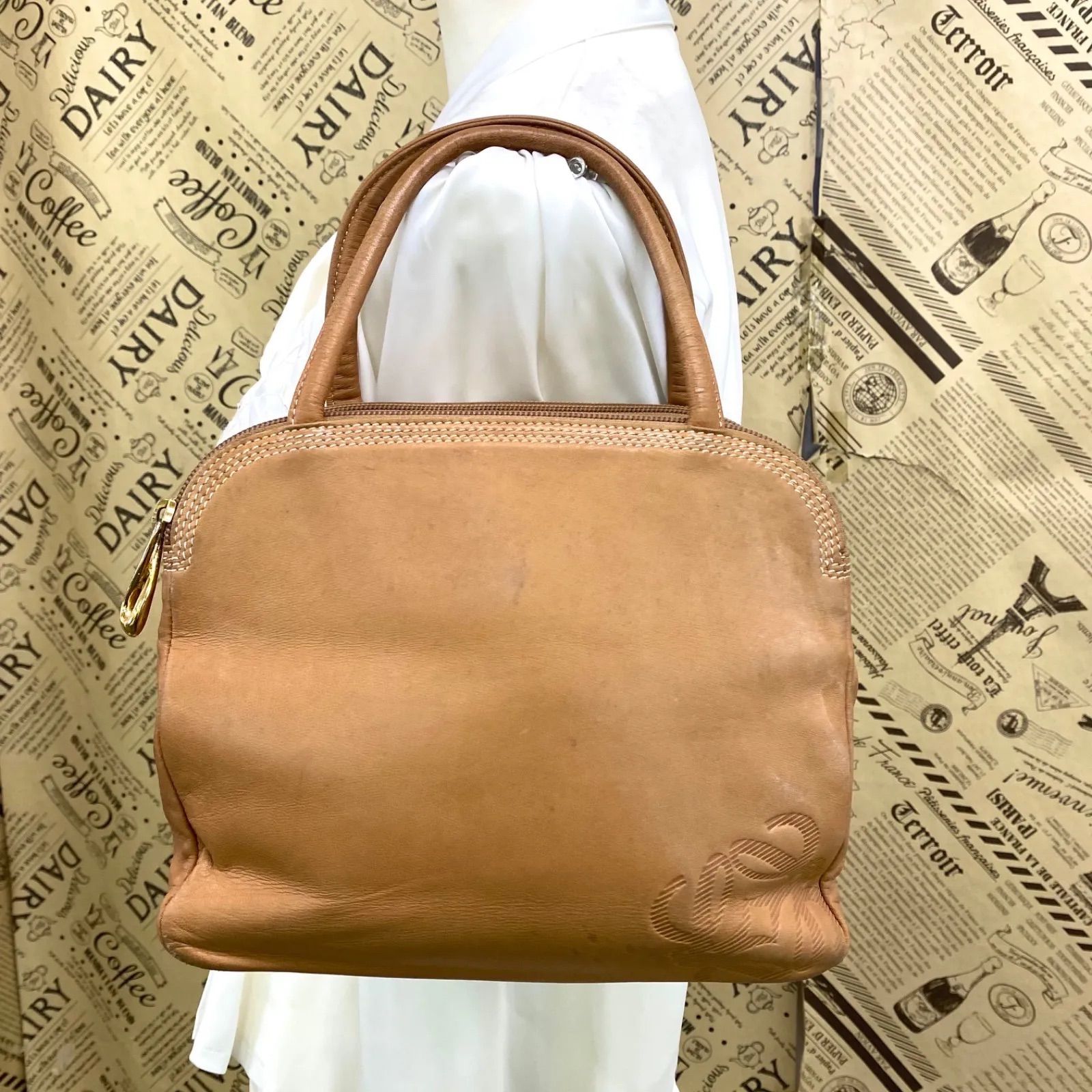 ロエベ アナグラム トート ハンド バッグ ナッパーレザー キャメル FY56