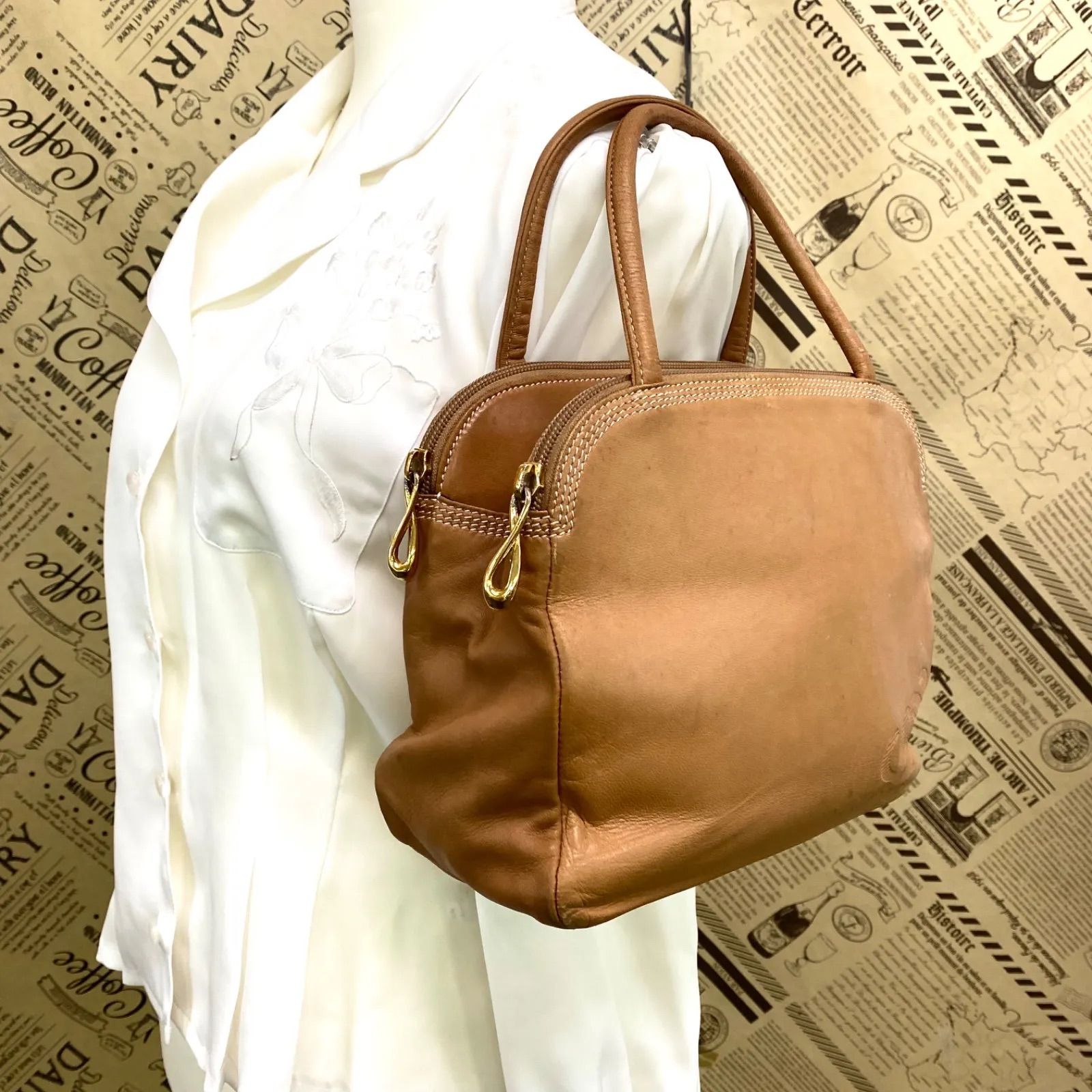  ロエベ アナグラム トート ハンド バッグ ナッパーレザー キャメル FY 56 ハンドバッグ バッグ