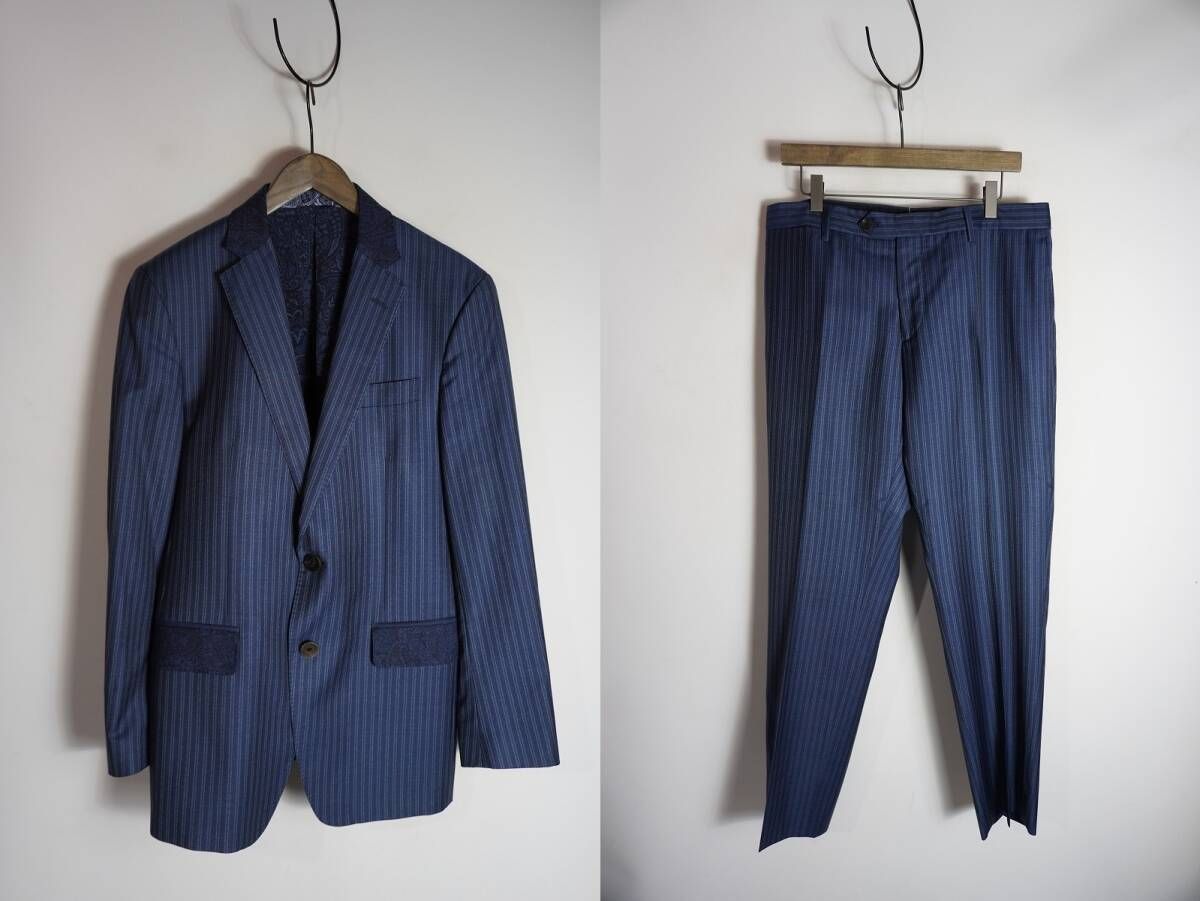 正規 ETRO エトロ ストライプ ペイズリー柄 総裏地 テーラード ジャケット パンツ スーツ セットアップ ウール 紺 サイズ50 本物 1019P 4