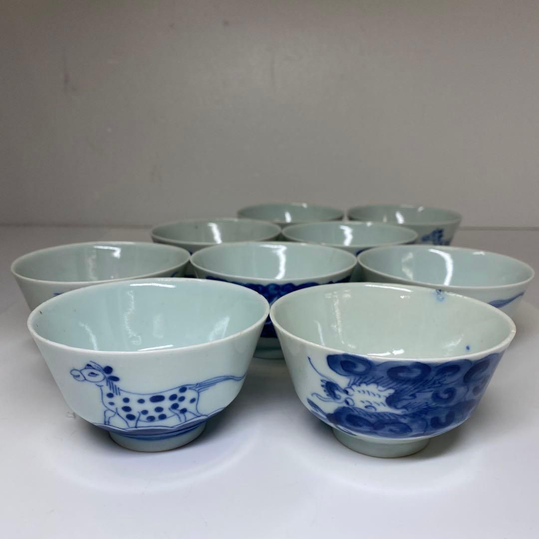 中国清時代 通光年製 龍に馬文茶碗9客 木箱付 口径約9㎝本Y7-0306☆1F