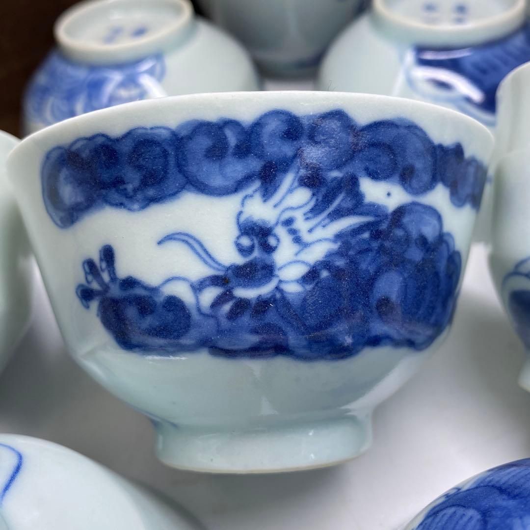 中国清時代 通光年製 龍に馬文茶碗9客 木箱付 口径約9㎝本Y7-0306☆1F