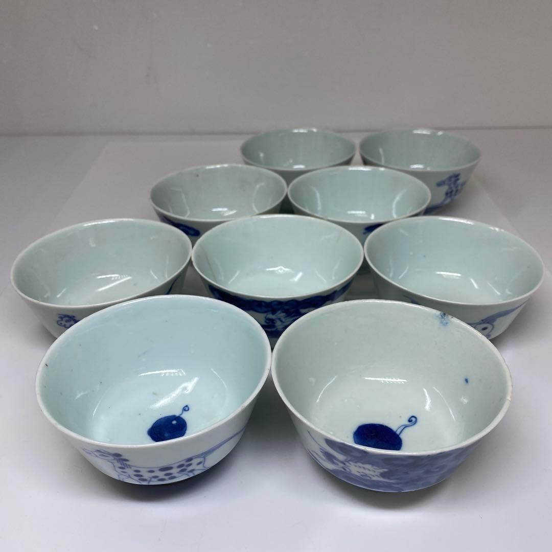 中国清時代 通光年製 龍に馬文茶碗9客 木箱付 口径約9㎝本Y7