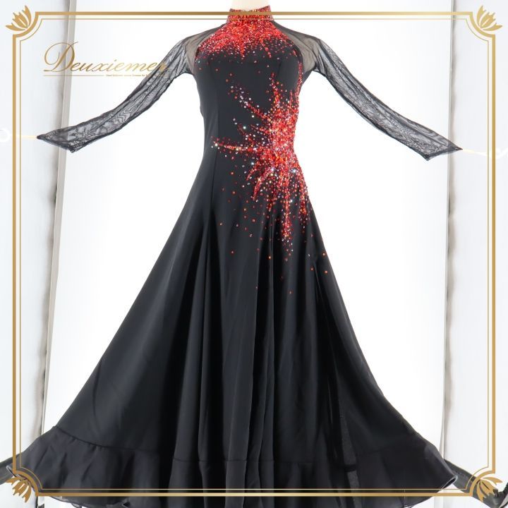 社交ダンス 衣装 ドレス ドレス ワンピース 黒 赤 デモ 競技 ダンス パーティ 発表会 Hiroko＆Masahiro ヒロコマサヒロ ブラック系 レッド系 スリット おしゃれ ゴージャス デザイン 石 ショー装 競技用