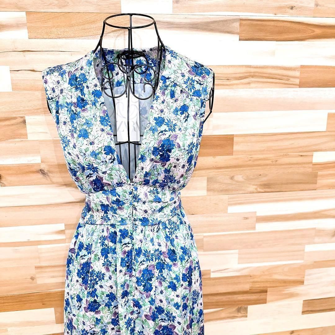 ザラ 花柄 ノースリーブ ロング マキシ ワンピース リゾート XS 青ブルー フラワー フローラル 総柄 Vネック