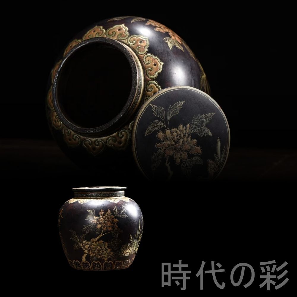 中国古美術 老木胎漆器花卉詩罐 描金 花卉文 木胎 漆芸 唐物 骨董 美術工藝 收藏品 鑑賞飾壺 工芸 在銘 時代物