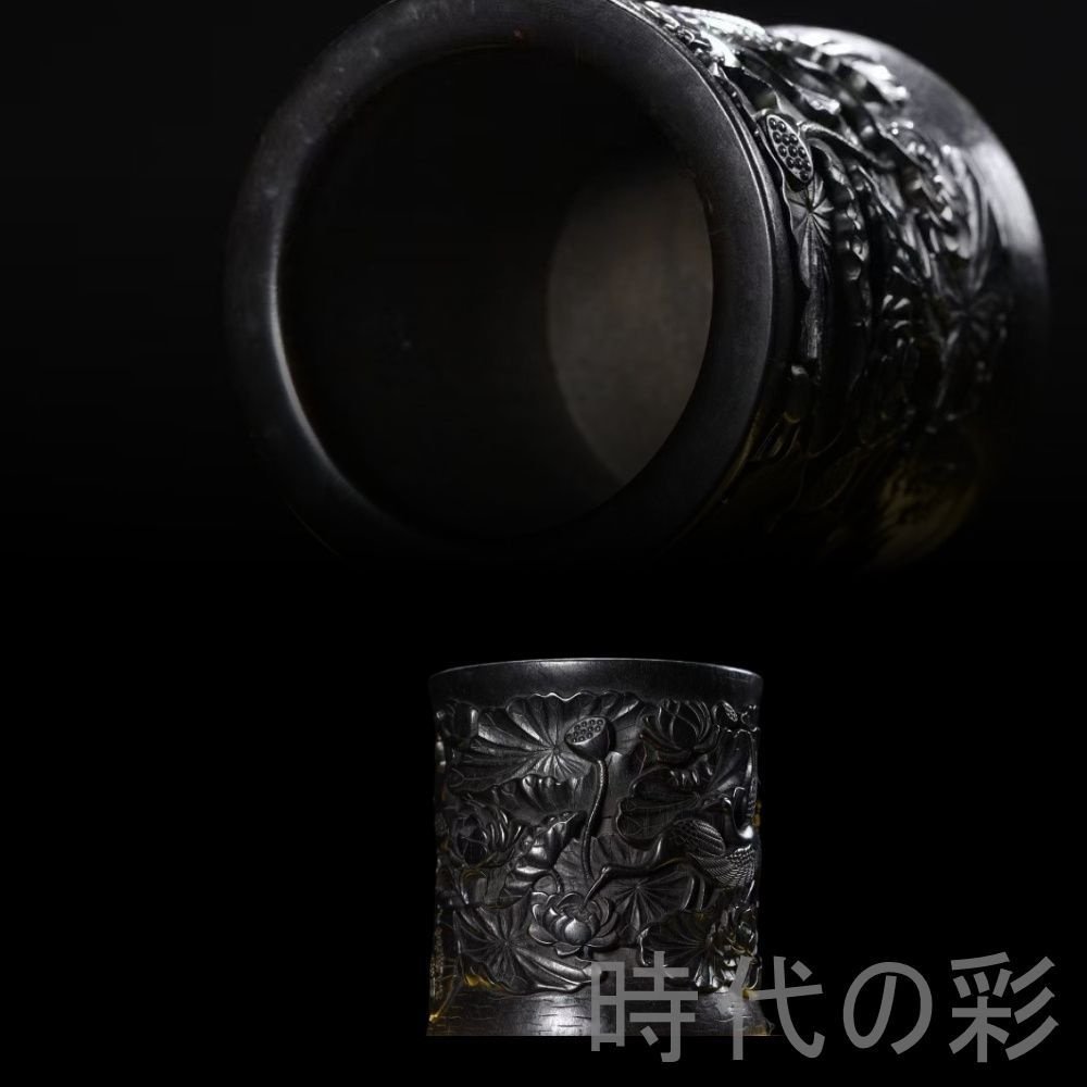 中国古美術 木彫筆筒 十里荷花図 彫刻 木製 文房具 唐物 美術工芸 收藏品 古置物 擺件 古賞物 古美味 R07110615
