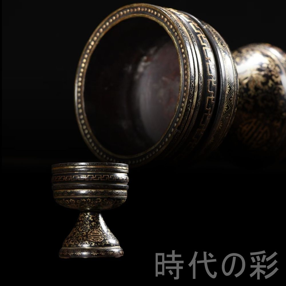 中国古美術 木胎 漆器 壽字文 聖水杯 真金描金 唐物 工芸 骨董 收藏用古置物 擺件 古賞物 古美味