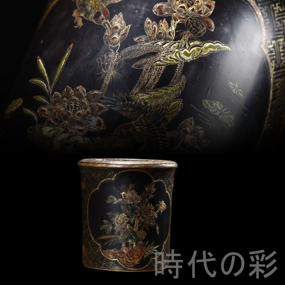 中国古美術 木胎描金漆器 花鳥文 筆筒 漆芸 唐物 收藏 在銘 美術工藝 古置物 擺件 古賞物 古美味