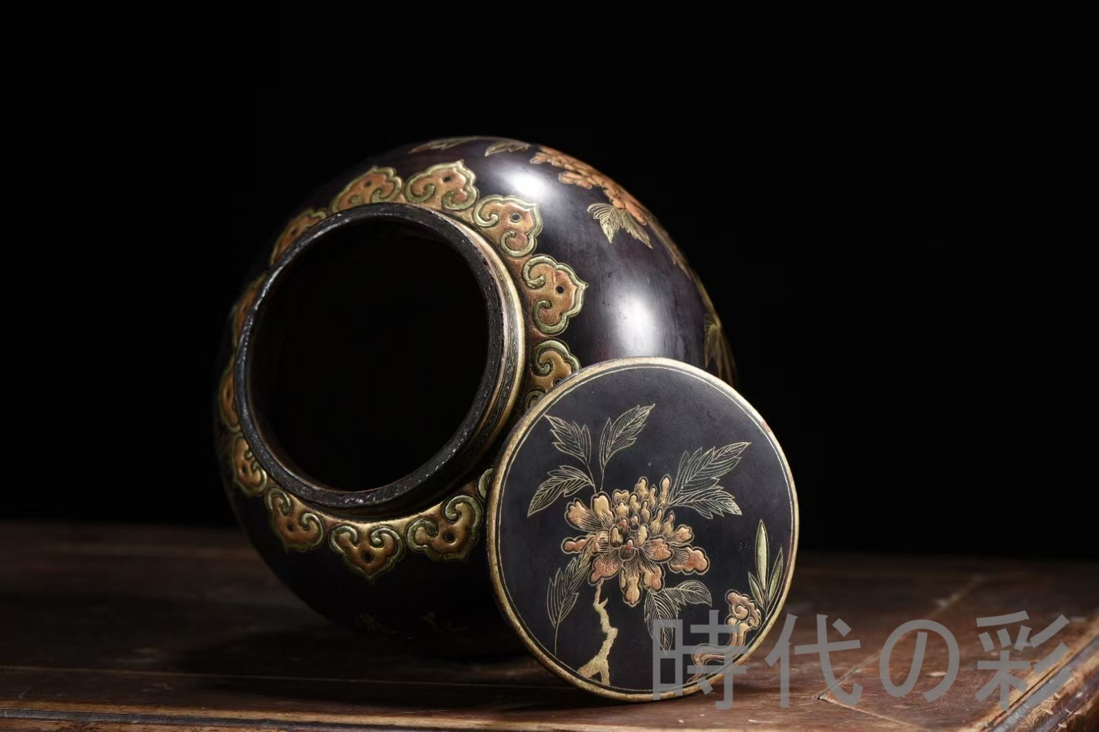 中国古美術 老木胎漆器花卉詩罐 描金 花卉文 木胎 漆芸 唐物 骨董 美術