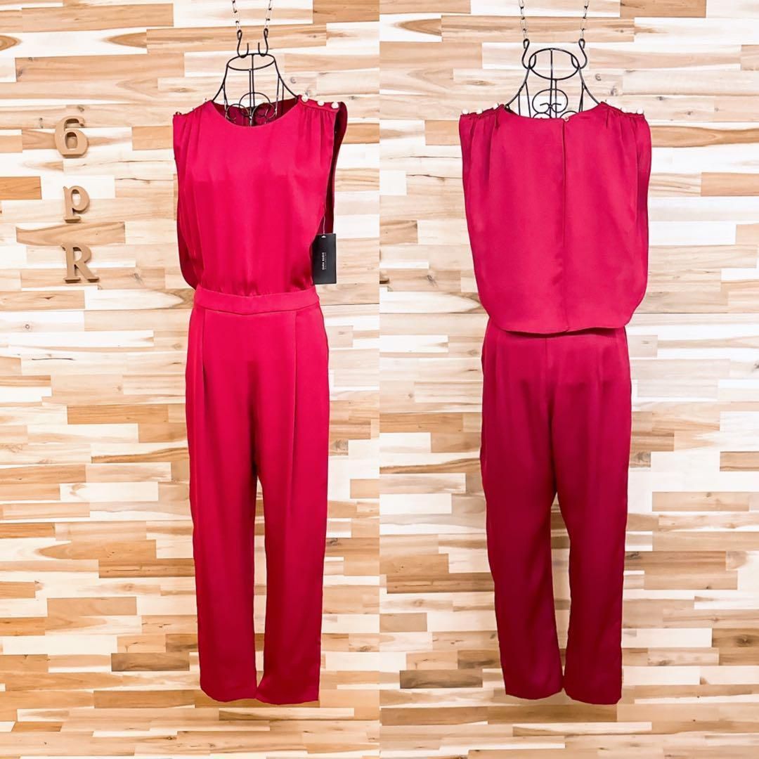 ザラ ノースリーブ オールインワン バック オープン パール装飾 M 赤レッド×白 クルーネック ケープ デザイン