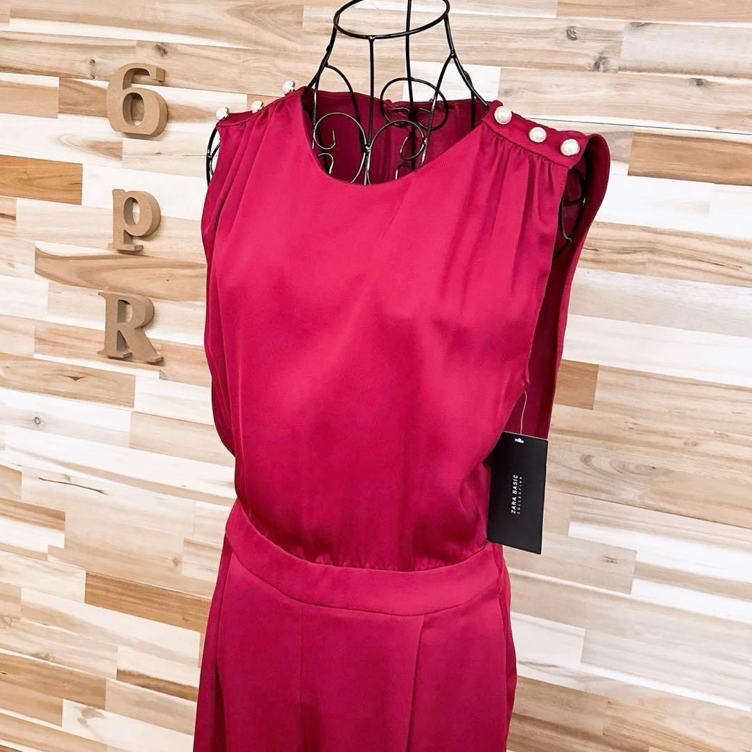 ザラ ノースリーブ オールインワン バック オープン パール装飾 M 赤レッド×白 クルーネック ケープ デザイン