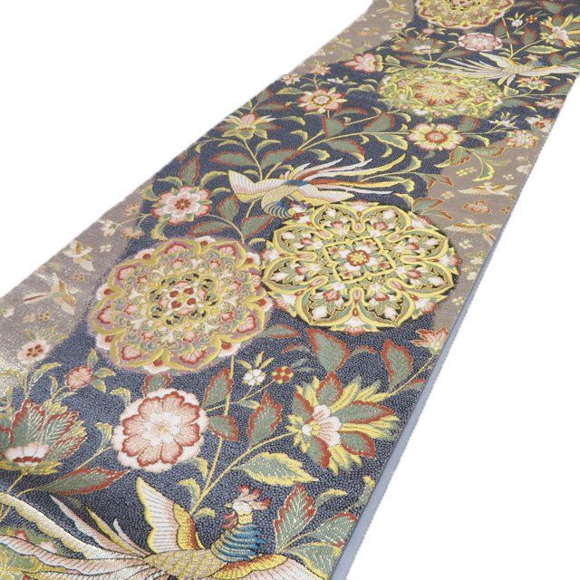 袋帯 正絹 フォーマル 仕立て上がり 六通 花鳥模様 花紋 華文 箔糸 鉛色 多色 金 きもの北條 A 1294-14