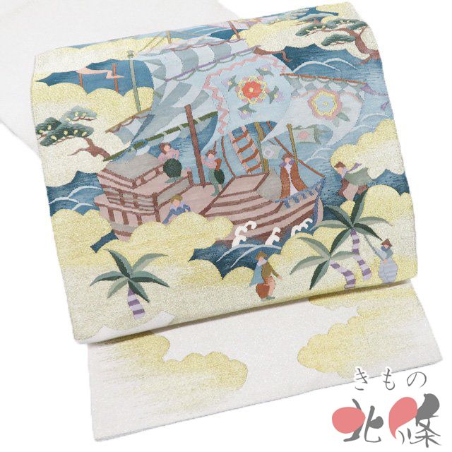 袋帯 リサイクル 正絹 フォーマル 仕立て上がり お太鼓柄 明綴れ 帆船の図 銀通し 灰白色 多色 金 きもの北條 A 1294 15