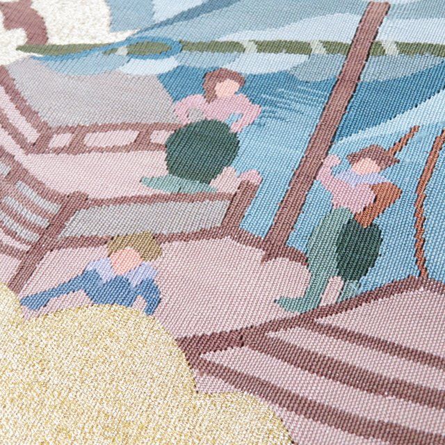  袋帯 リサイクル 正絹 フォーマル 仕立て上がり お太鼓柄 明綴れ 帆船の図 銀通し 灰白色 多色 金 きもの北條 A 1294 15 袋帯 帯