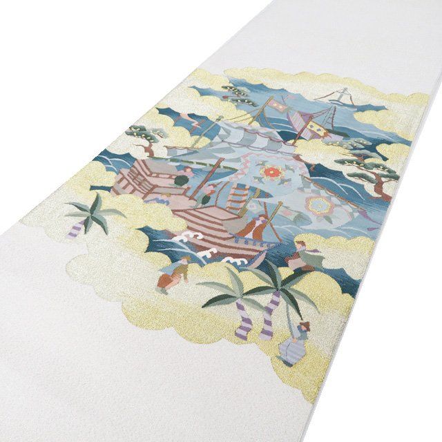 袋帯 リサイクル 正絹 フォーマル 仕立て上がり お太鼓柄 明綴れ 帆船の図 銀通し 灰白色 多色 金 きもの北條 A 1294 15