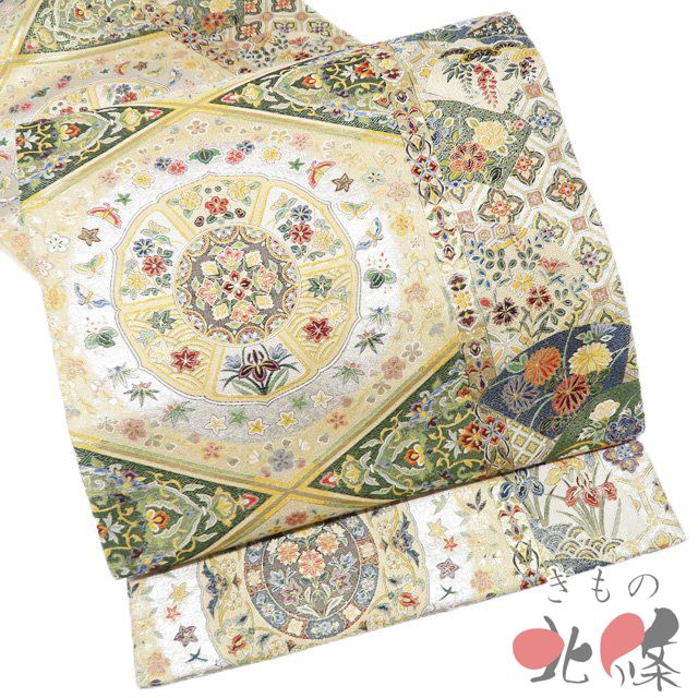袋帯 リサイクル 正絹 フォーマル 仕立て上がり 六通 地紙に花模様 箔糸 多色 金 きもの北條 A 1294-16