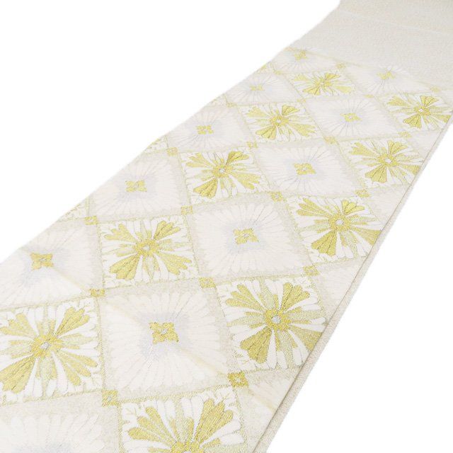 袋帯 リサイクル 正絹 フォーマル 仕立て上がり 三通 綴れ織 菊菱模様 箔糸 金通し オフホワイト 金銀 きもの北條 A 1294-17