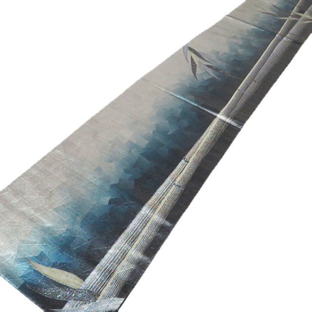 袋帯 正絹 仕立て上がり お太鼓柄 螺鈿箔 貴秀螺鈿 作家物 落款 竹文 引箔 黒色 青碧色 銀 きもの北條 A 1294 7