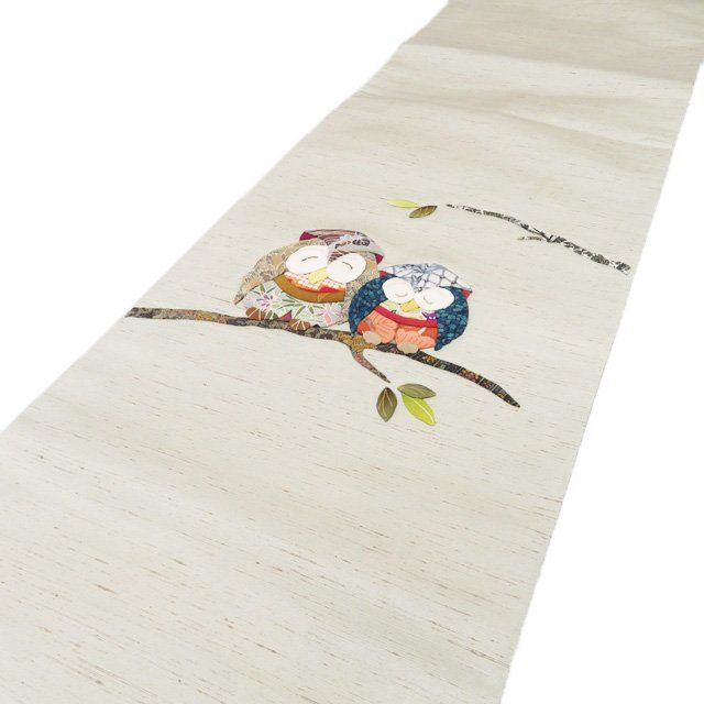 袋帯 リサイクル 正絹 紬地 カジュアル 仕立て上がり お太鼓柄 押し絵細工 フクロウの図 灰黄緑色 多色 きもの北條 A 1294-9