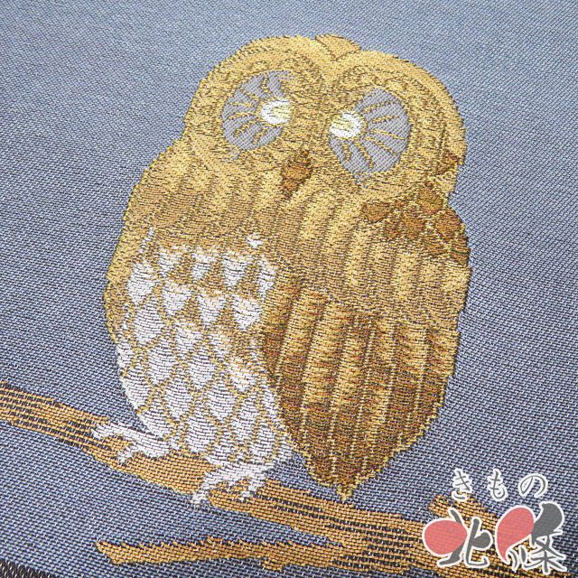 袋帯 正絹 カジュアル 未仕立て 作家物 落款 市松取り お太鼓柄 クロウの図 松葉 箔糸 銀通し 黒色 多色 きもの北條 A 1294-10