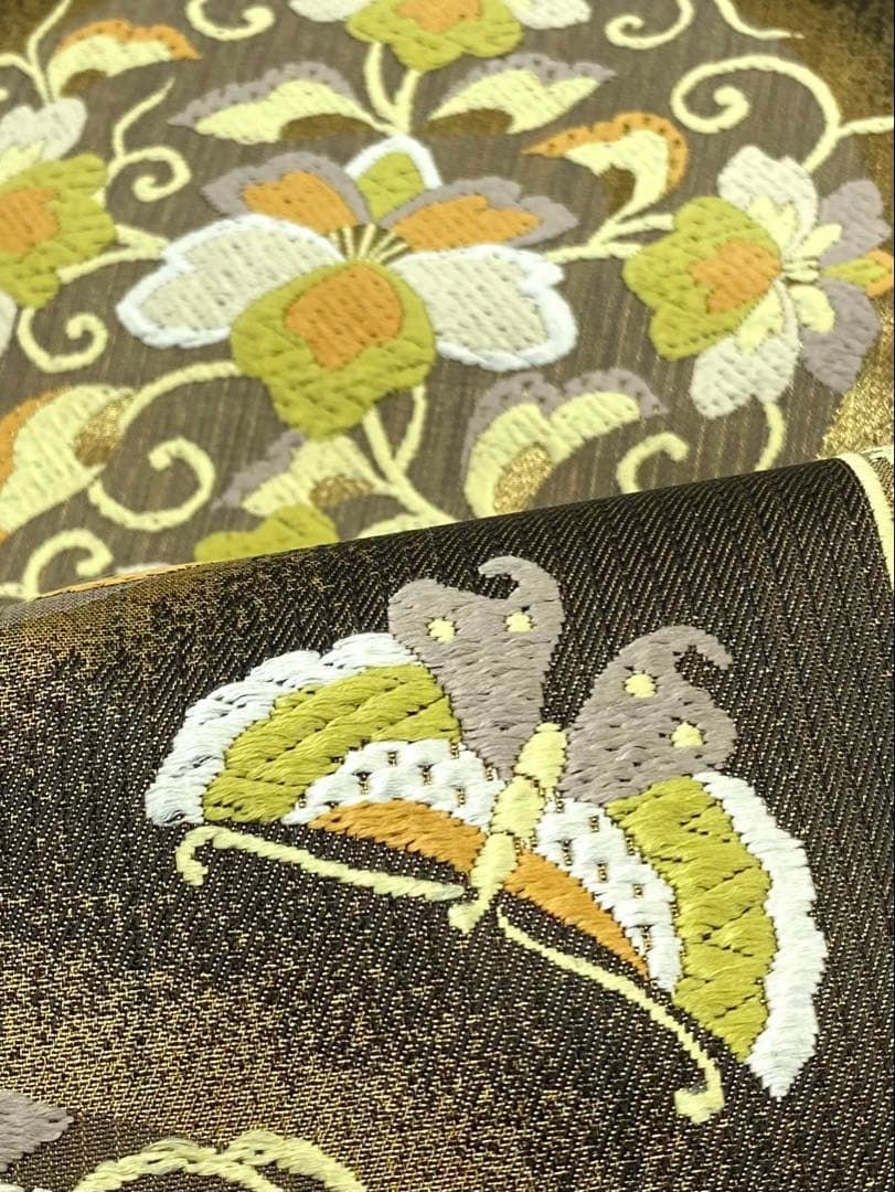 砂金織 西陣織 となみ帯 大華紋 蝶 菱模様 金糸 袋帯 正絹 六通 D 099