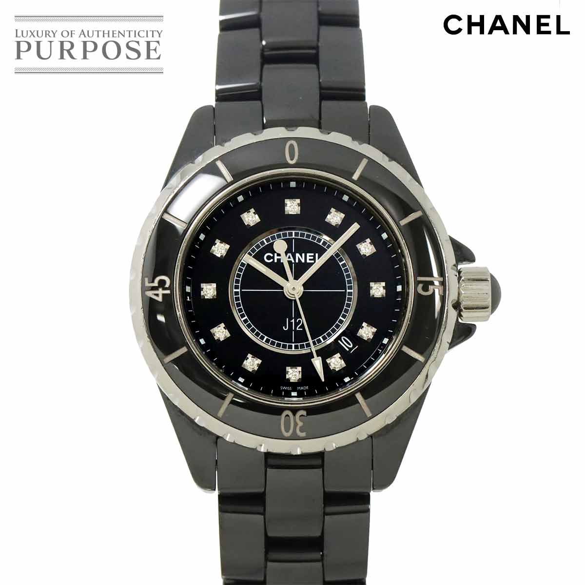 シャネル CHANEL J12 33mm H1625 レディース 腕時計 12P ダイヤ デイト ブラック セラミック クォーツ ウォッチ 90301906