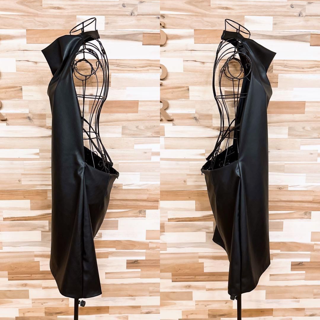  ザラ ZARA フェイク レザー サロペット ワンピース XXL 黒ブラック ミニ バック オープン ホルターネック ノースリーブ ミニワンピース