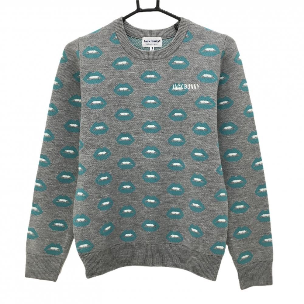 超 ジャックバニー セーター グレー×ライトブルー 唇柄 ニット ウール混 レディース 1 M ゴルフウェア Jack Bunny