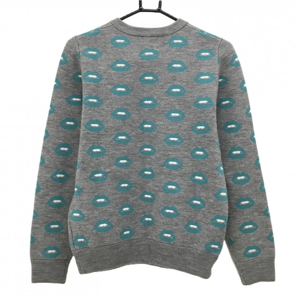 超 ジャックバニー セーター グレー×ライトブルー 唇柄 ニット ウール混 レディース 1 M ゴルフウェア Jack Bunny