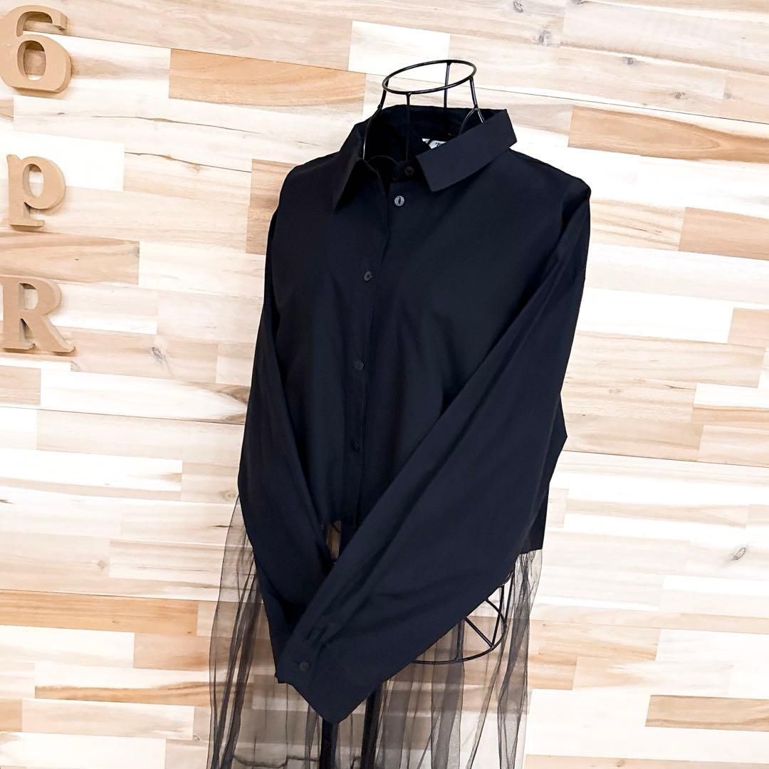 ザラ 透け感シアー チュール 切り替え ロング シャツ ワンピース M 黒ブラック 異素材 ドッキング 長袖 レイヤード