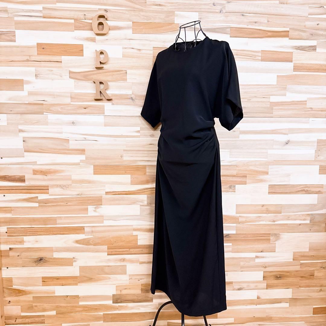 ザラ ドレープ ギャザー ロング ワンピース 半袖 バック スリット L 黒ブラック クルーネック ドレス 無地 ワン