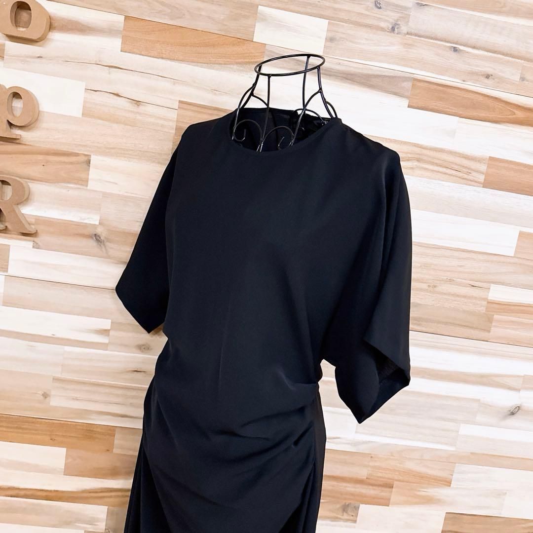 ザラ ドレープ ギャザー ロング ワンピース 半袖 バック スリット L 黒ブラック クルーネック ドレス 無地 ワン