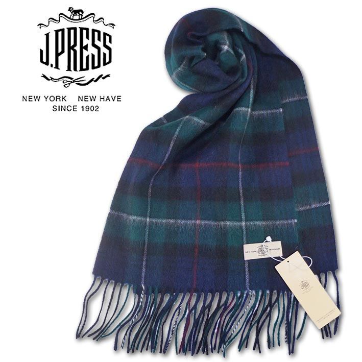 ジェイプレス J.PRESS MEN チェック柄 カシミヤ混 ウール マフラー メンズ グリーン系×ネイビー Jプレス J.プレス プレゼント ギフト カシミア クリスマス 無料ラッピング