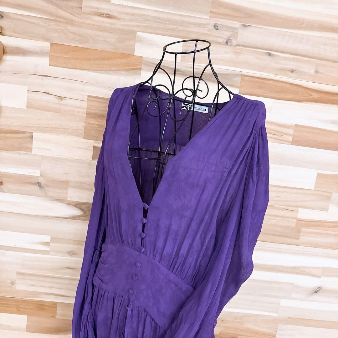 サイズ ザラ ジャカード織 ロング ドレス ワンピース スリット XL 紫パープル Vネック ドレープ ギャザー くるみボタン
