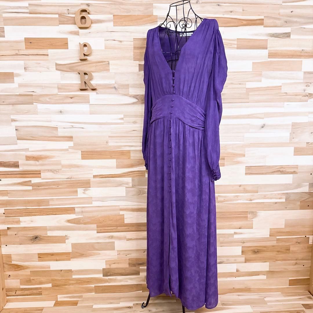  サイズ ザラ ジャカード織 ロング ドレス ワンピース スリット XL 紫パープル Vネック ドレープ ギャザー くるみボタン 長袖 七分袖 カットソーワンピース