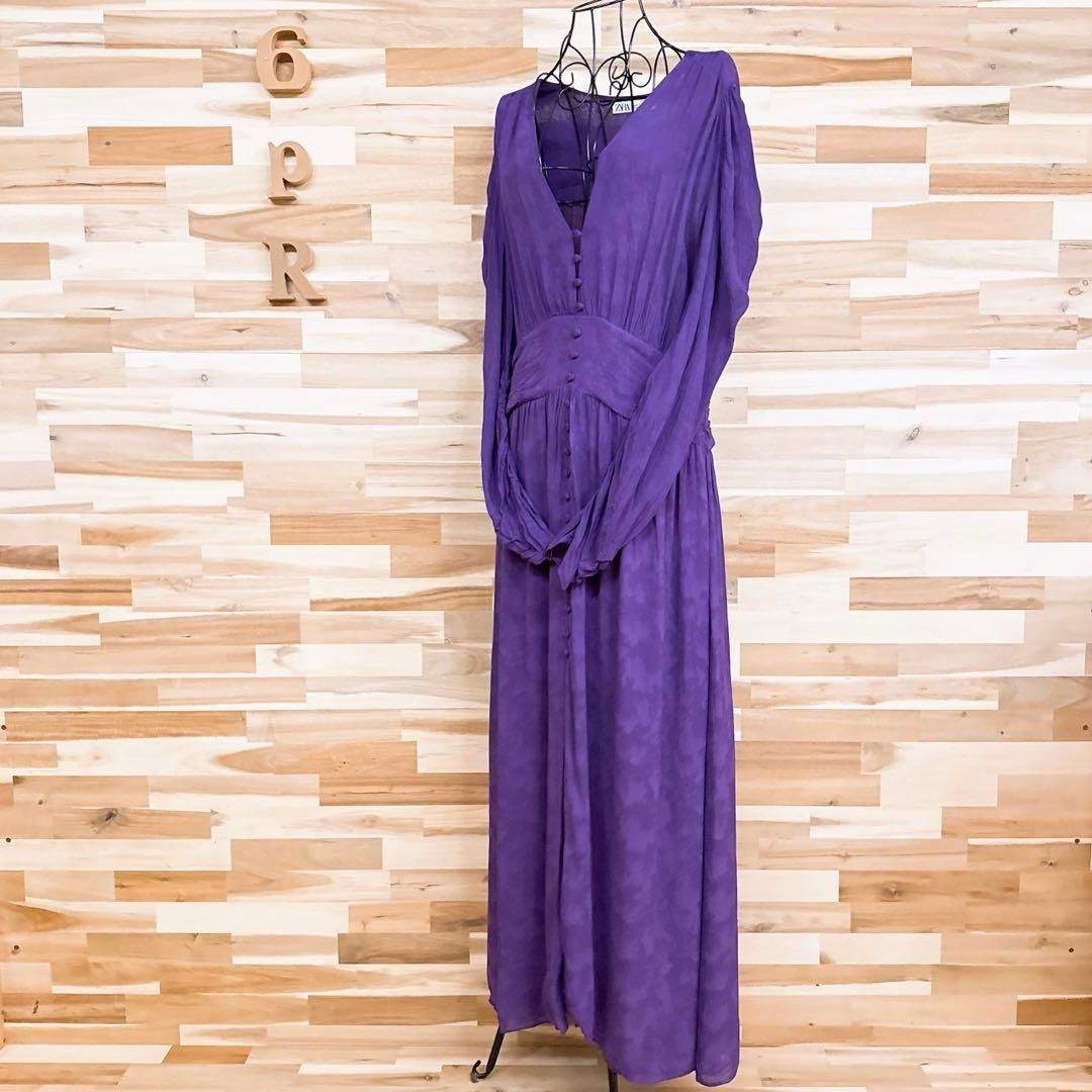 サイズ ザラ ジャカード織 ロング ドレス ワンピース スリット XL 紫パープル Vネック ドレープ ギャザー くるみボタン