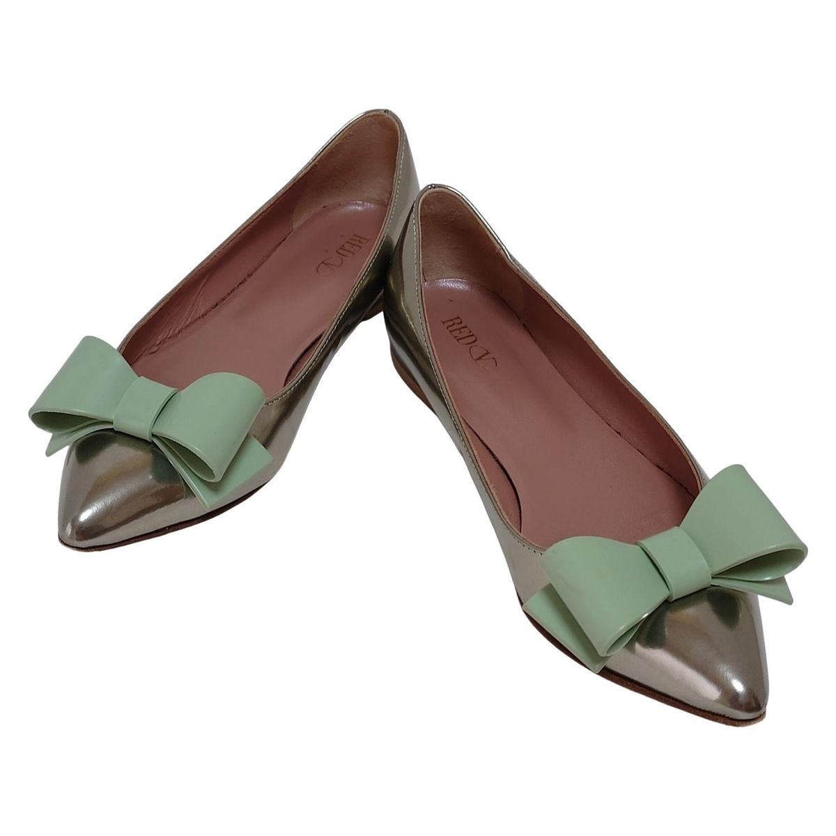 RED レッドバレンチノ フラットシューズ 36 レディース - ゴールド×ライトグリーン リボン レザー