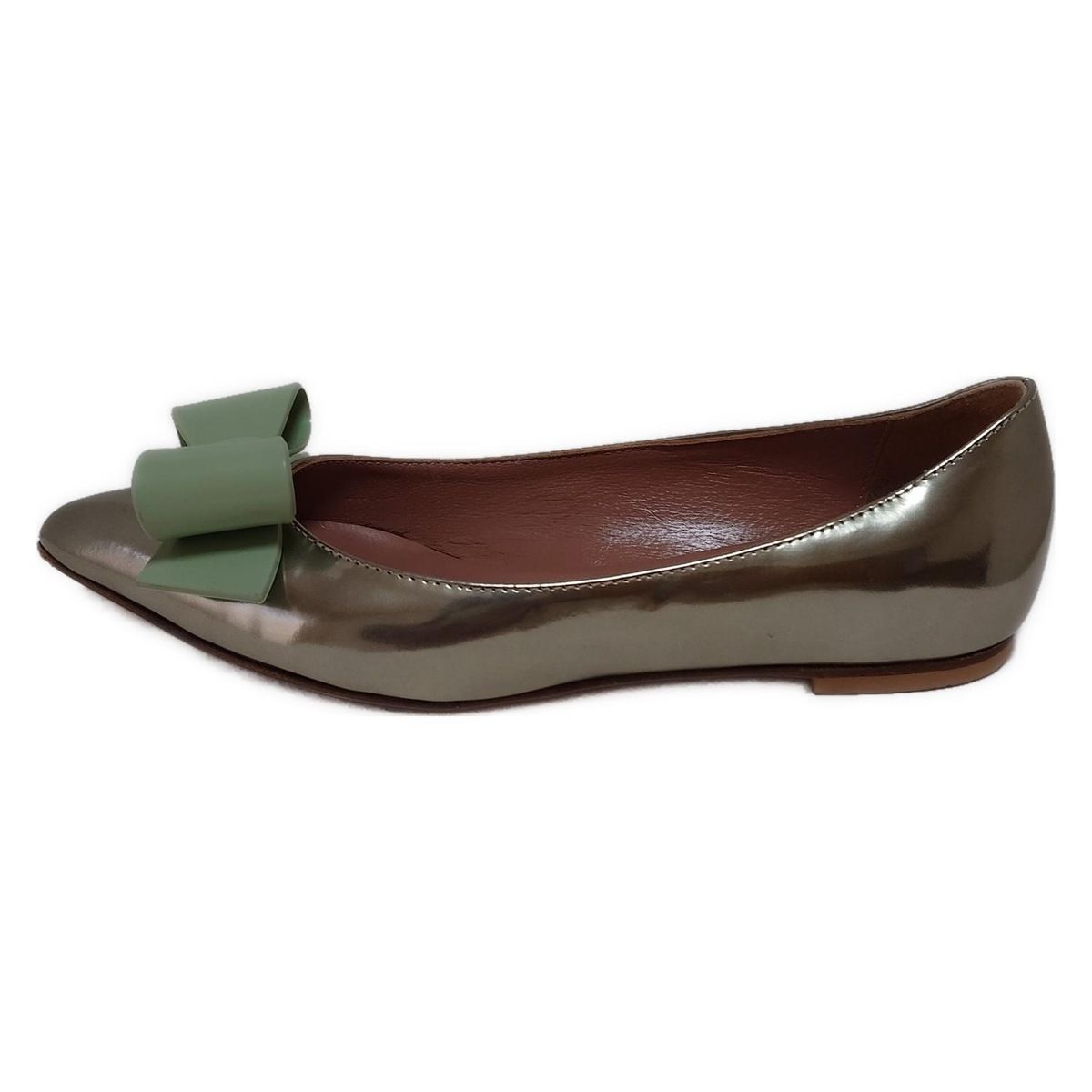 RED レッドバレンチノ フラットシューズ 36 レディース - ゴールド×ライトグリーン リボン レザー