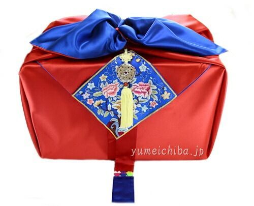 韓国シルク婚礼風呂敷B手刺繍入り赤×青150cm角 両面使い furoshiki-b-24-s 風呂敷 大判 おしゃれ