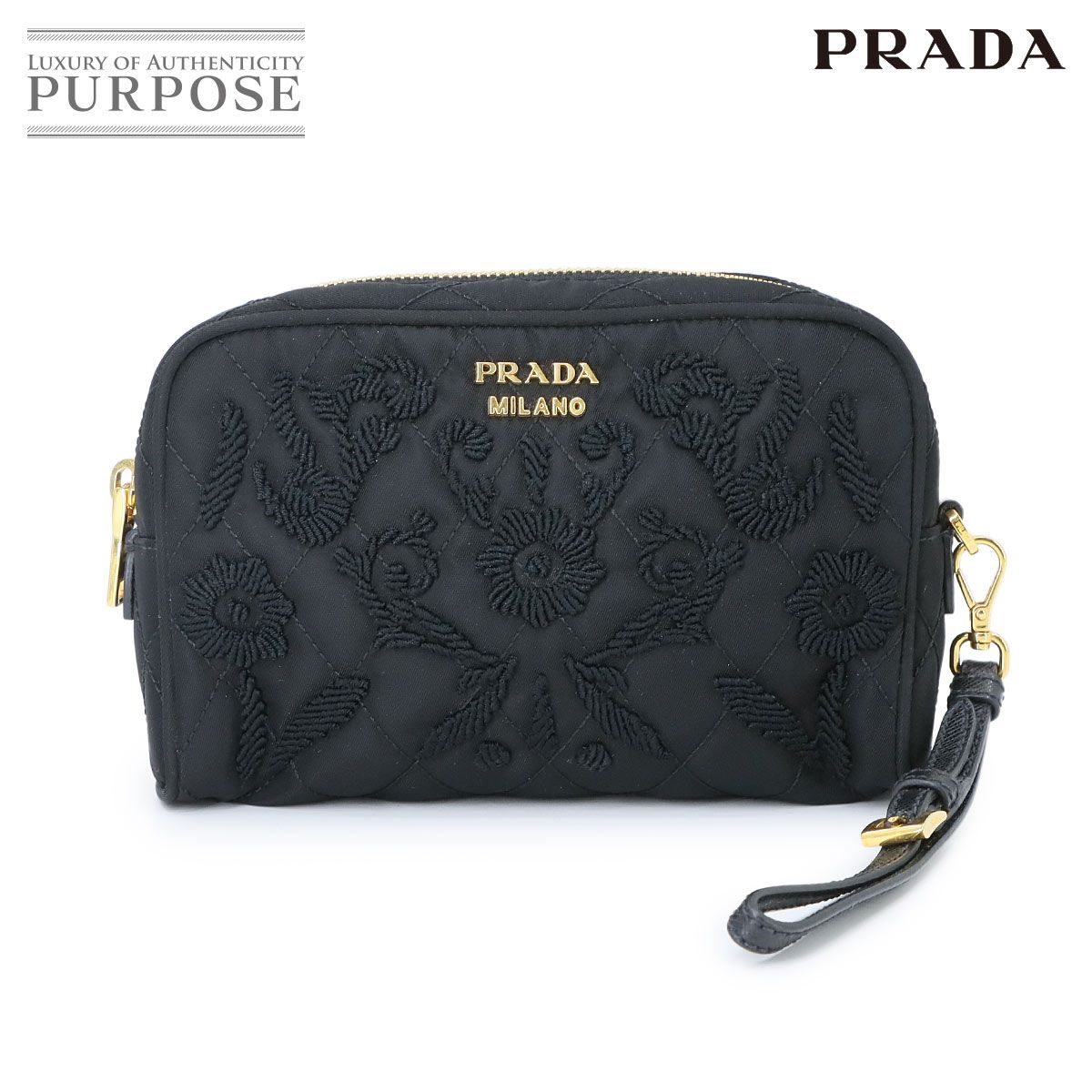 プラダ PRADA ポーチ ナイロン ブラック 刺繍 ゴールド 金具 Pouch 90292592