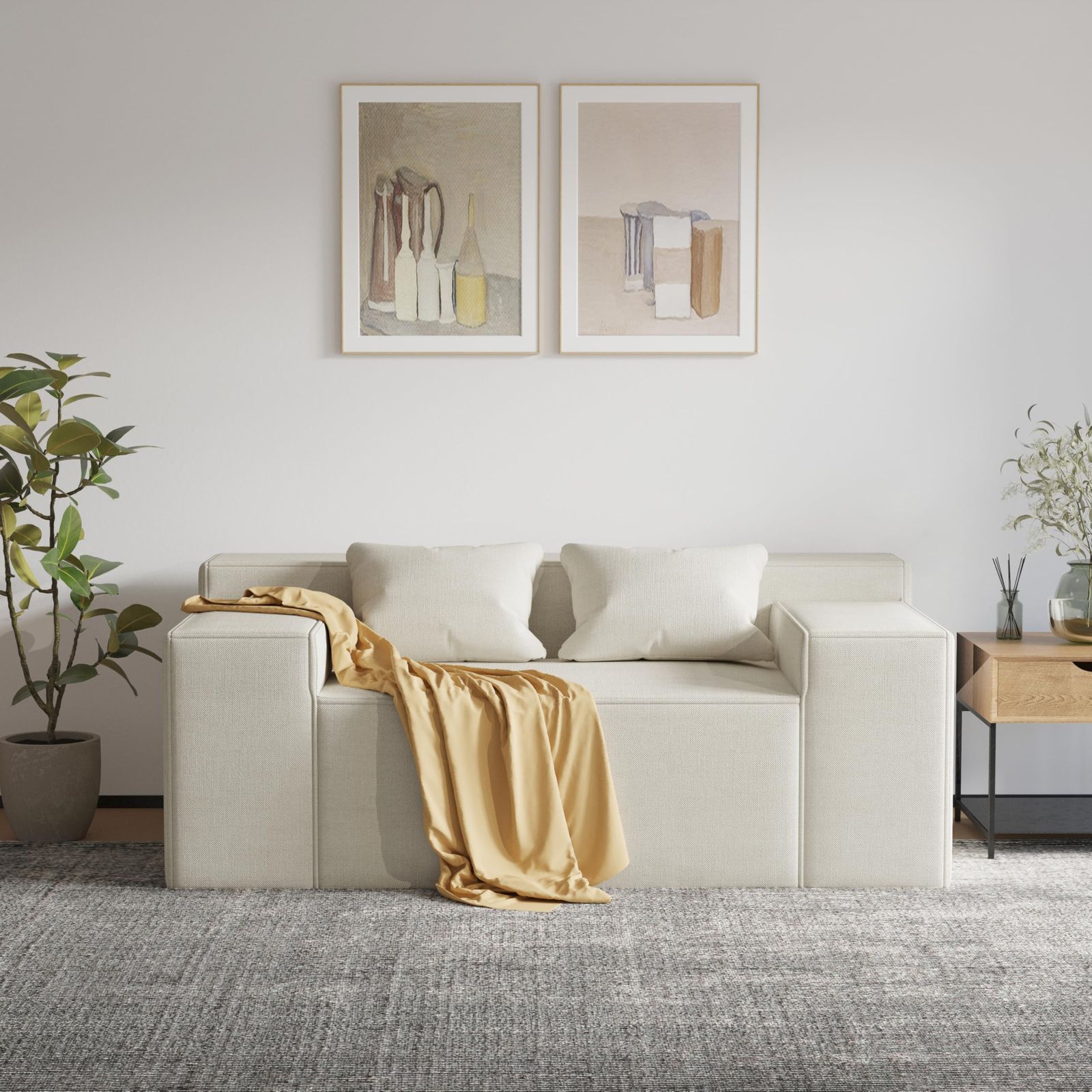 PurrJoys ソファー 2人掛け 幅120cm ハイブリッド箱入ソファーベッド 組み立て不要 2つの枕付き 猫の爪に強いリネン生地 小さなスペースに最適 一人用にも対応 ベージュ