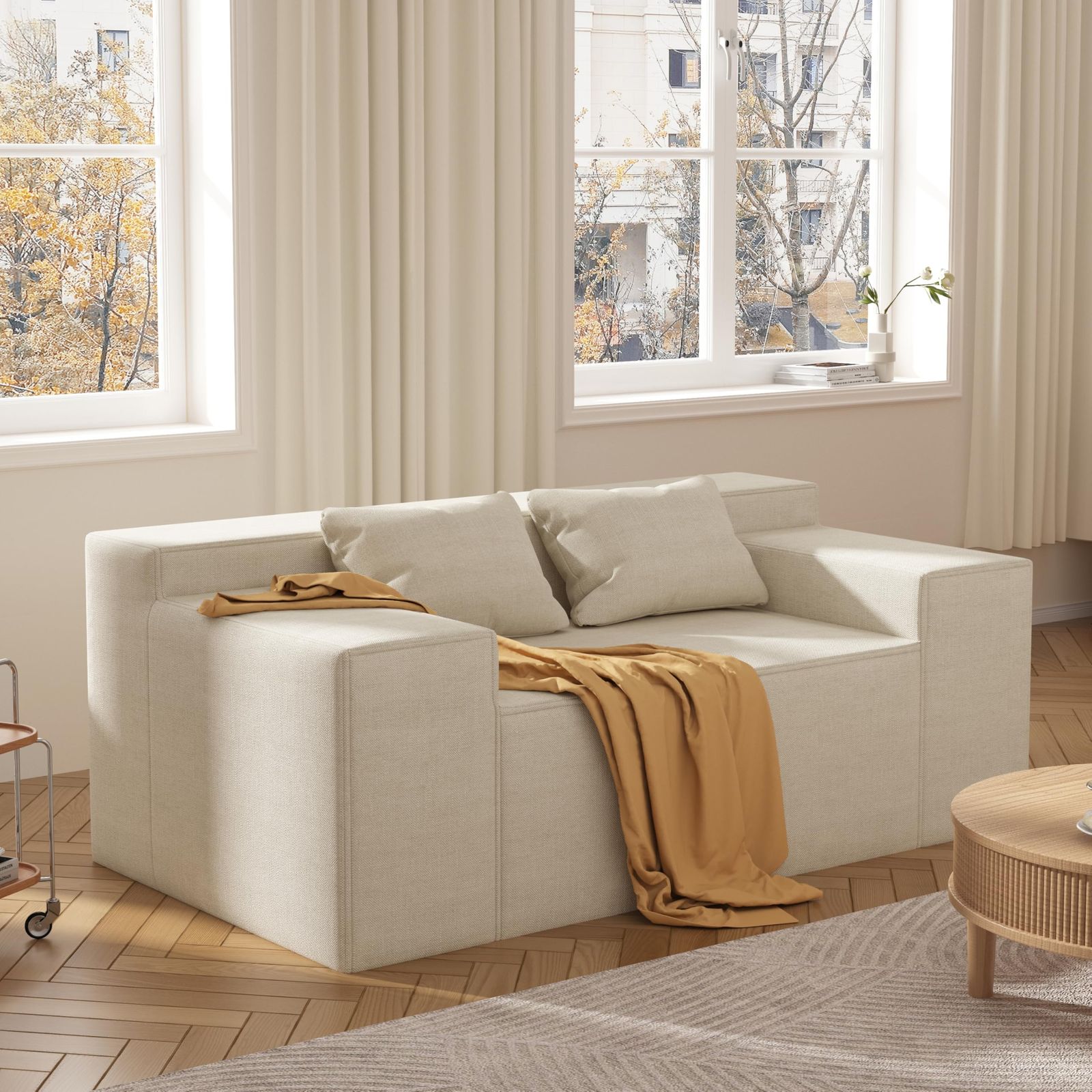 PurrJoys ソファー 2人掛け 幅120cm ハイブリッド箱入ソファーベッド 組み立て不要 2つの枕付き 猫の爪に強いリネン生地 小さなスペースに最適 一人用にも対応 ベージュ WWW_OPDRERGINERDOGAN_COM