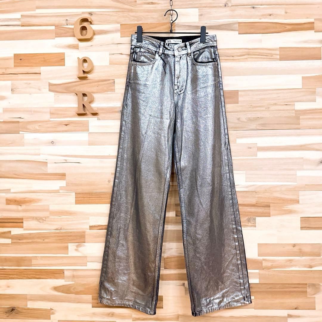 ザラ キラキラ ラメ デニム パンツ ジーパン銀シルバー×黒ブラック メタリック 光沢 コットン綿 クール 長ズボン